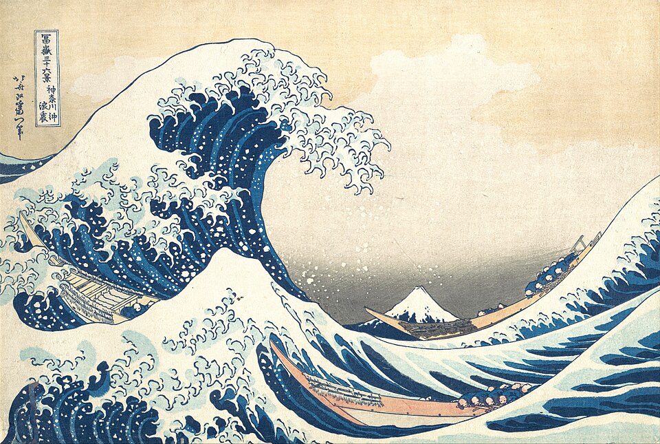 The Great Wave off Kanagawa, a famous Japanese woodblock print by Hokusai showing a towering wave