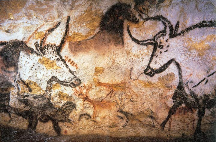 Prehistoric cave paintings of aurochs and horses on the walls of Lascaux cave in France