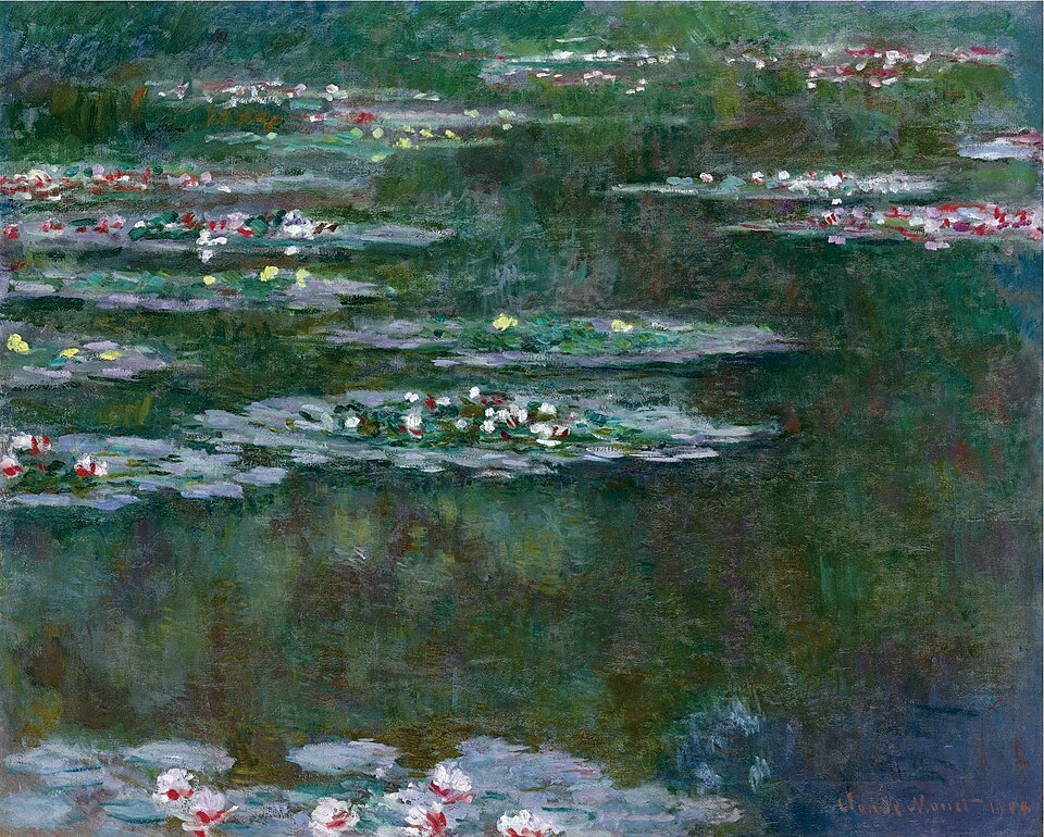 Water Lilies, an Impressionist painting by Claude Monet showing colorful flowers floating on a pond