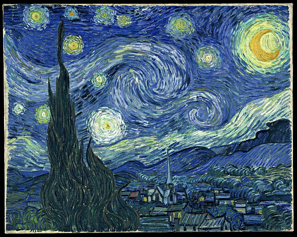 The Starry Night by Vincent van Gogh, showing swirling blue skies with thick, visible brushstrokes