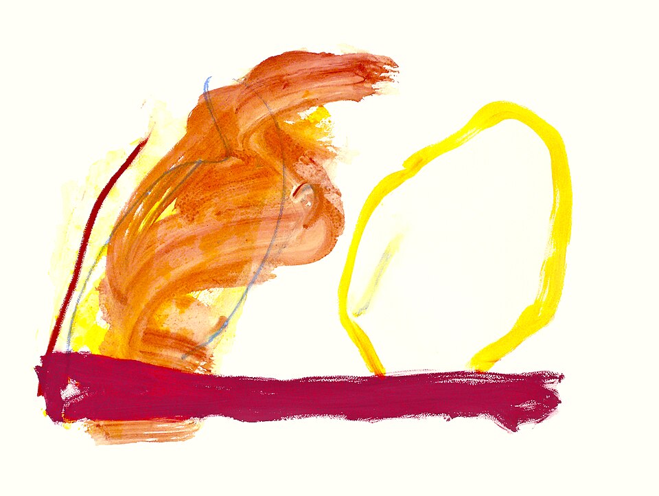 An abstract watercolor painting with bold orange, red, and yellow brushstrokes showing color and texture