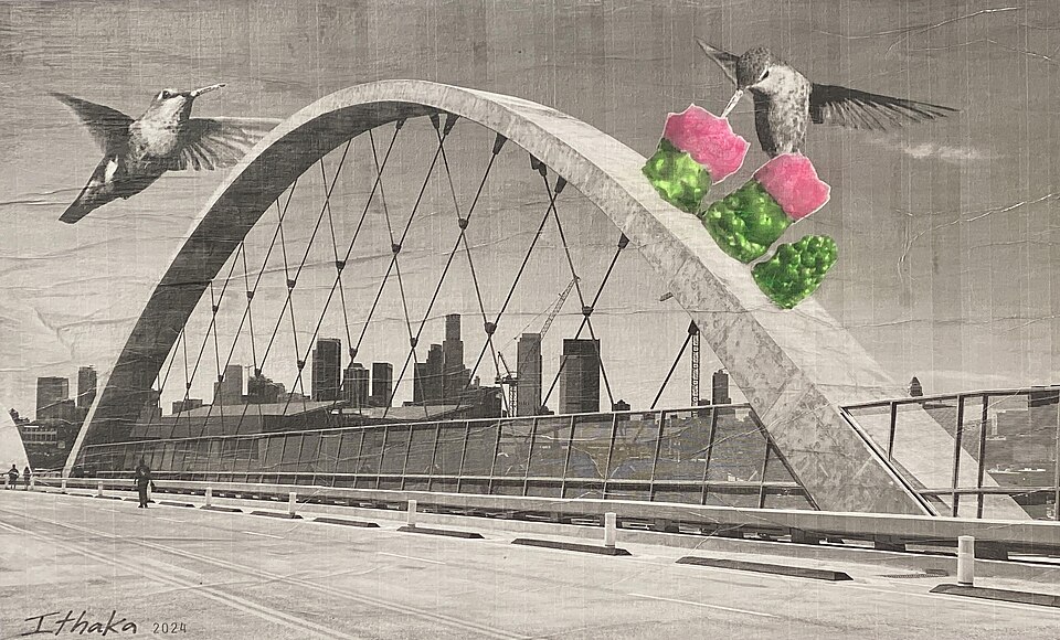 A mixed media collage artwork showing hummingbirds and colorful flowers over a bridge