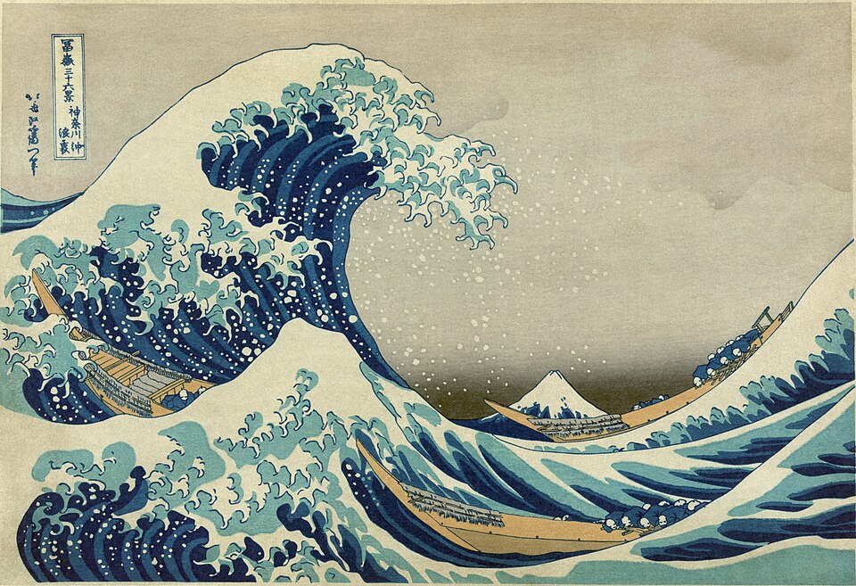 The Great Wave off Kanagawa, a famous woodblock print by Hokusai showing a towering wave with Mount Fuji in the background