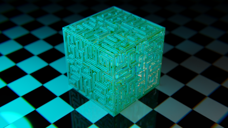 A glowing 3D-rendered labyrinth cube created using digital modeling software