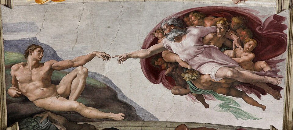 The Creation of Adam by Michelangelo, painted on the ceiling of the Sistine Chapel using the fresco technique