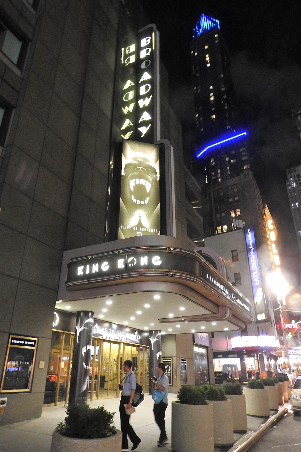 The Broadway Theatre lit up at night in New York City’s Theater District