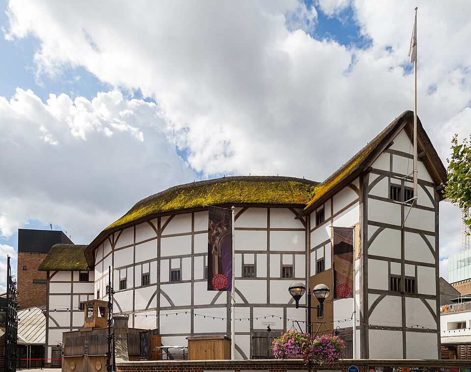 The reconstructed Shakespeare’s Globe Theatre in London with its distinctive thatched roof