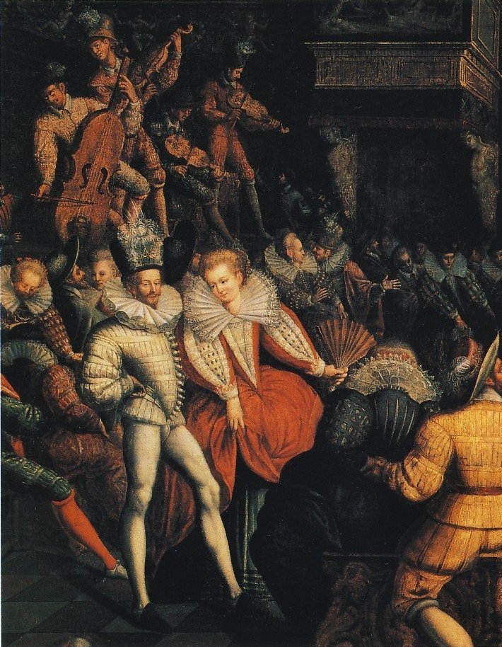 A painting of nobles dancing at a royal ball in the Valois court around 1580