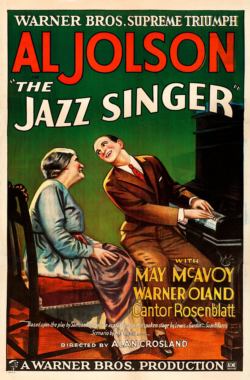 Movie poster for The Jazz Singer from 1927, the first major film with synchronized sound