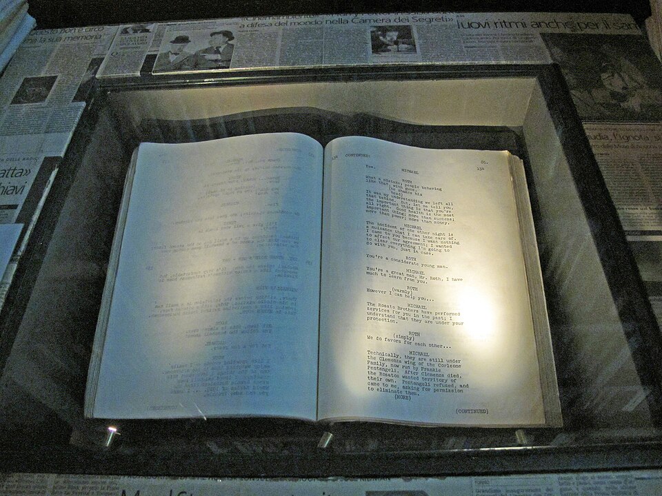 A movie screenplay displayed in a museum, showing the special formatting used in film scripts