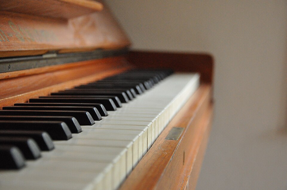 Close-up of piano keys showing the black and white keys used to play melodies and harmonies