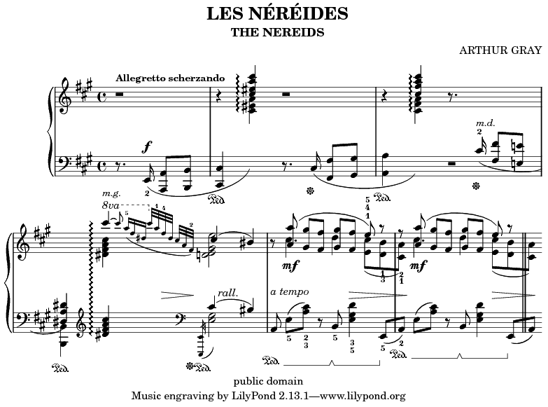 Sheet music showing treble and bass clefs with musical notation including notes and dynamics