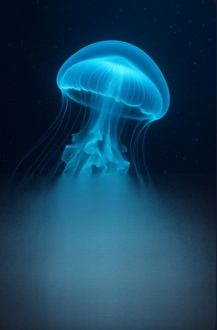 A glowing bioluminescent jellyfish in the deep sea