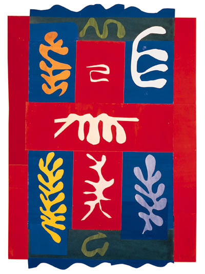 A colorful paper cut-out collage by Henri Matisse with leaf and plant shapes in red, blue, yellow, and white