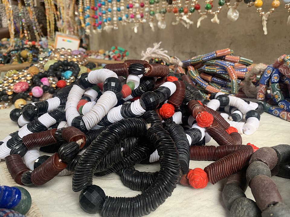 Colorful glass beads and beaded bracelets from Ghana