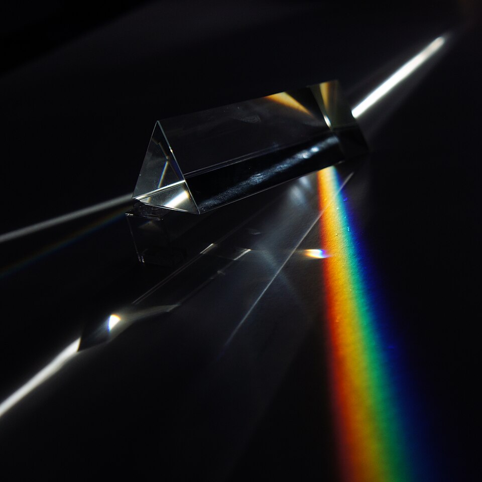 A glass prism splitting white light into a rainbow of colors