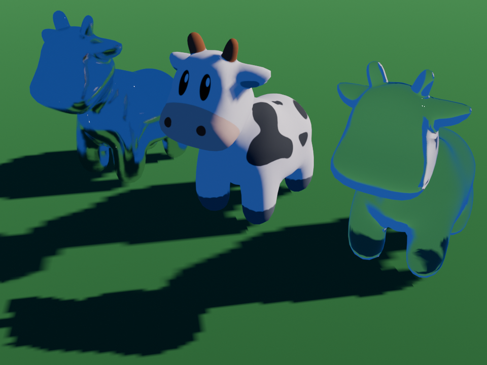 A 3D computer-rendered scene with colorful cartoon cows showing how animation is created on computers