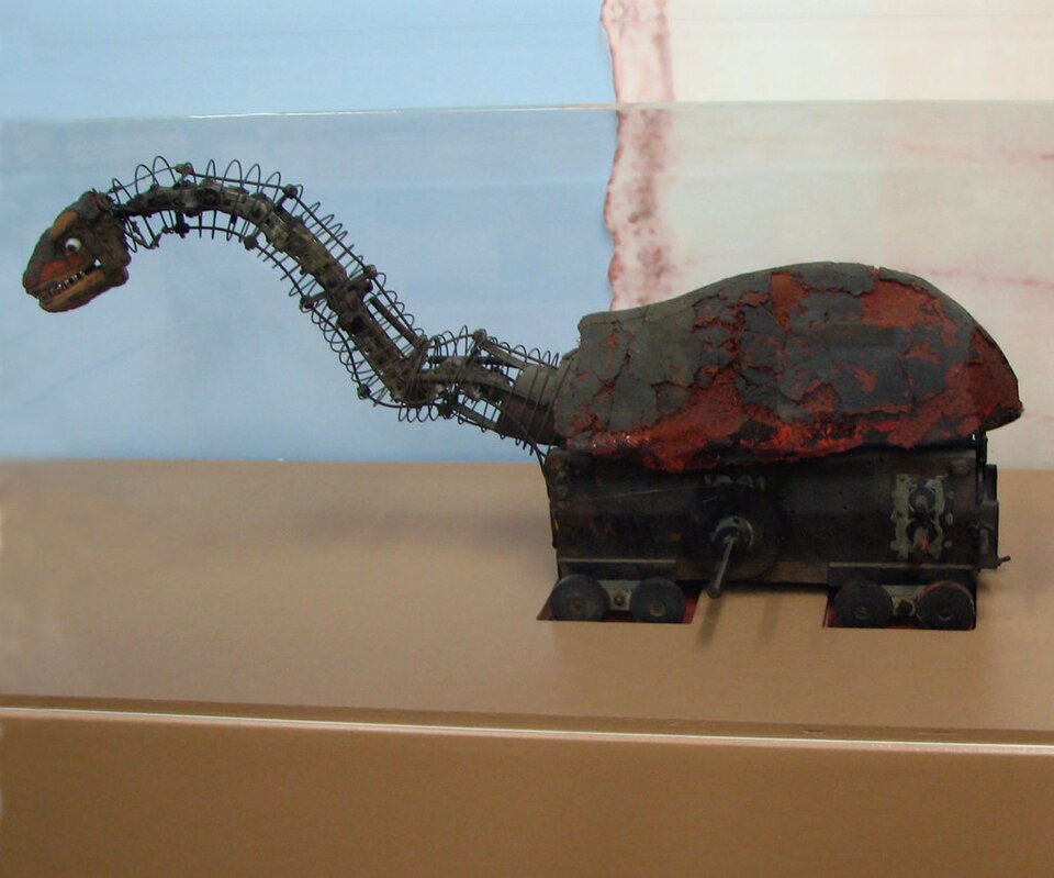 A real animation model of a dinosaur from the 1933 King Kong movie, showing the wire skeleton inside