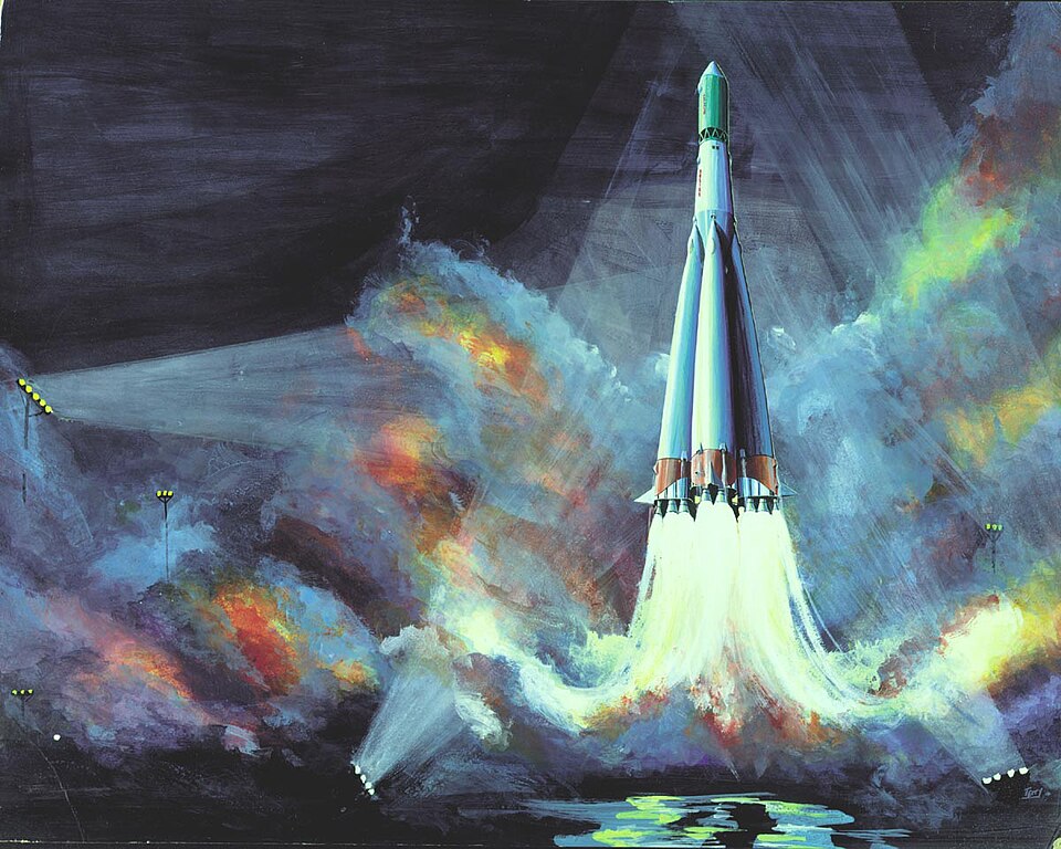 A painting of the Vostok rocket launching into space