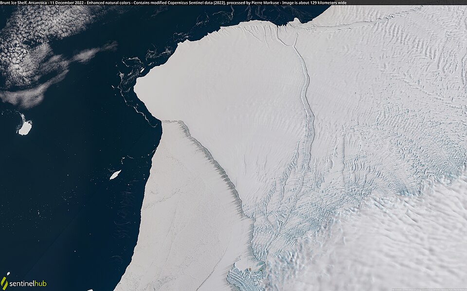 Satellite view of Antarctica’s Brunt Ice Shelf showing vast white ice and dark ocean