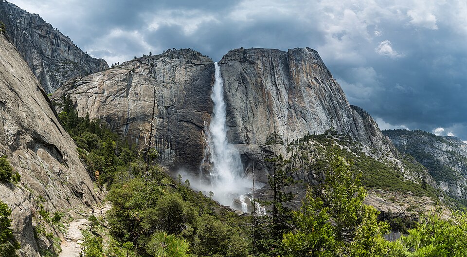Upper Yosemite Falls crashing down a tall granite cliff