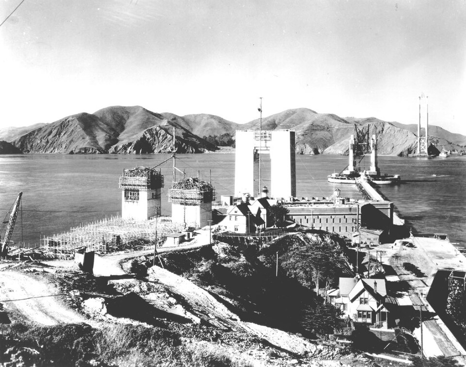 The Golden Gate Bridge under construction in the 1930s