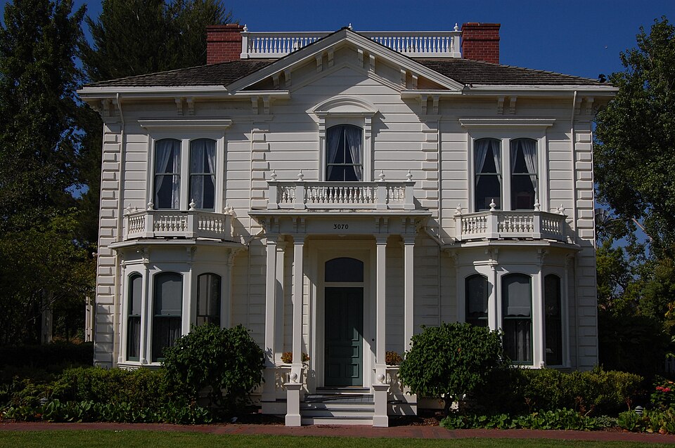 The Rengstorff House, a Victorian Italianate home now located at Shoreline Park in Mountain View