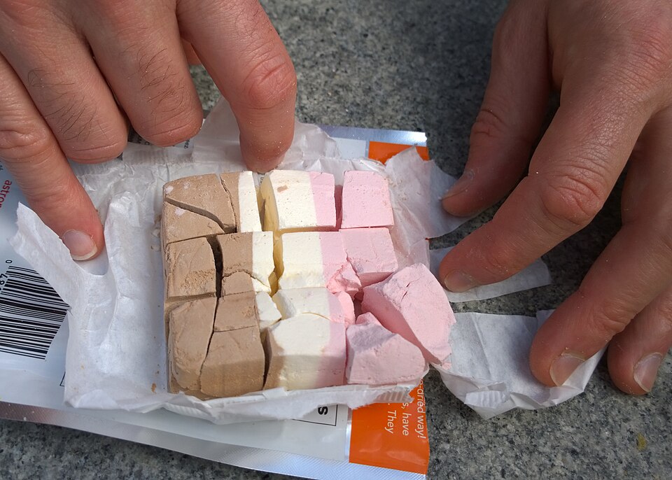 Freeze-dried neapolitan ice cream in an open package